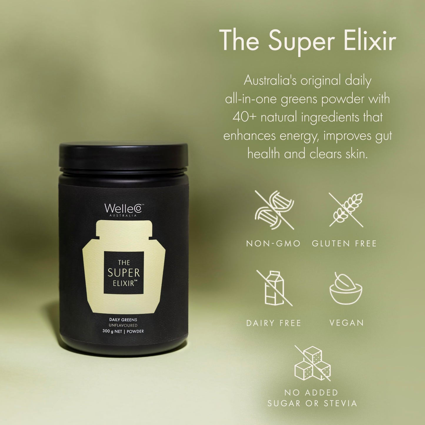 WelleCo The Super Elixir, Daily Greens Powder with Probiotics, Superfoods & Whole Foods, Unflavored Drink Mix for Gut Health, Immunity, Energy, Skin & Hair, 10.5oz Jar WelleCo buy supplements Au