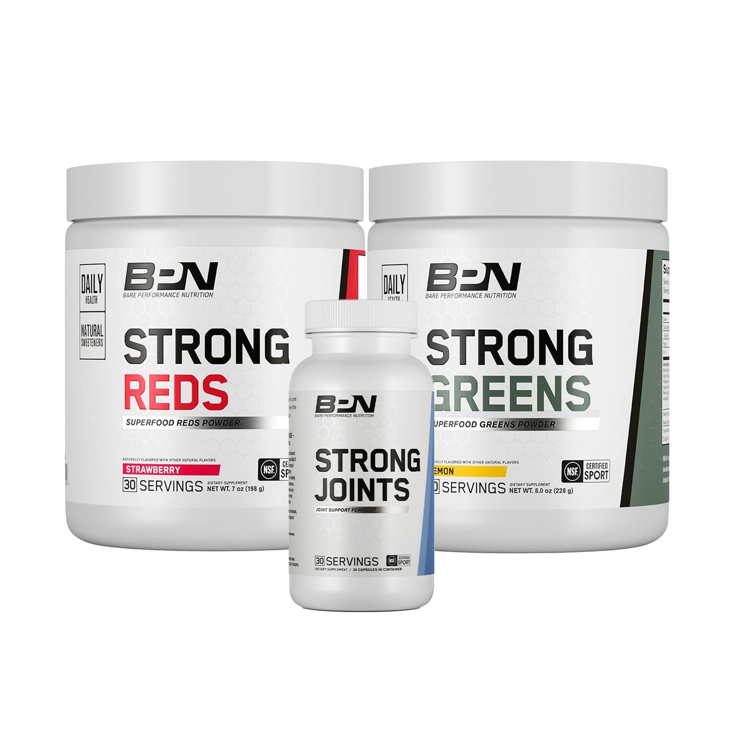 Three containers of BSN supplements labeled 'Strong Reds', 'Strong Greens', and 'Strong Joints' on a white background.