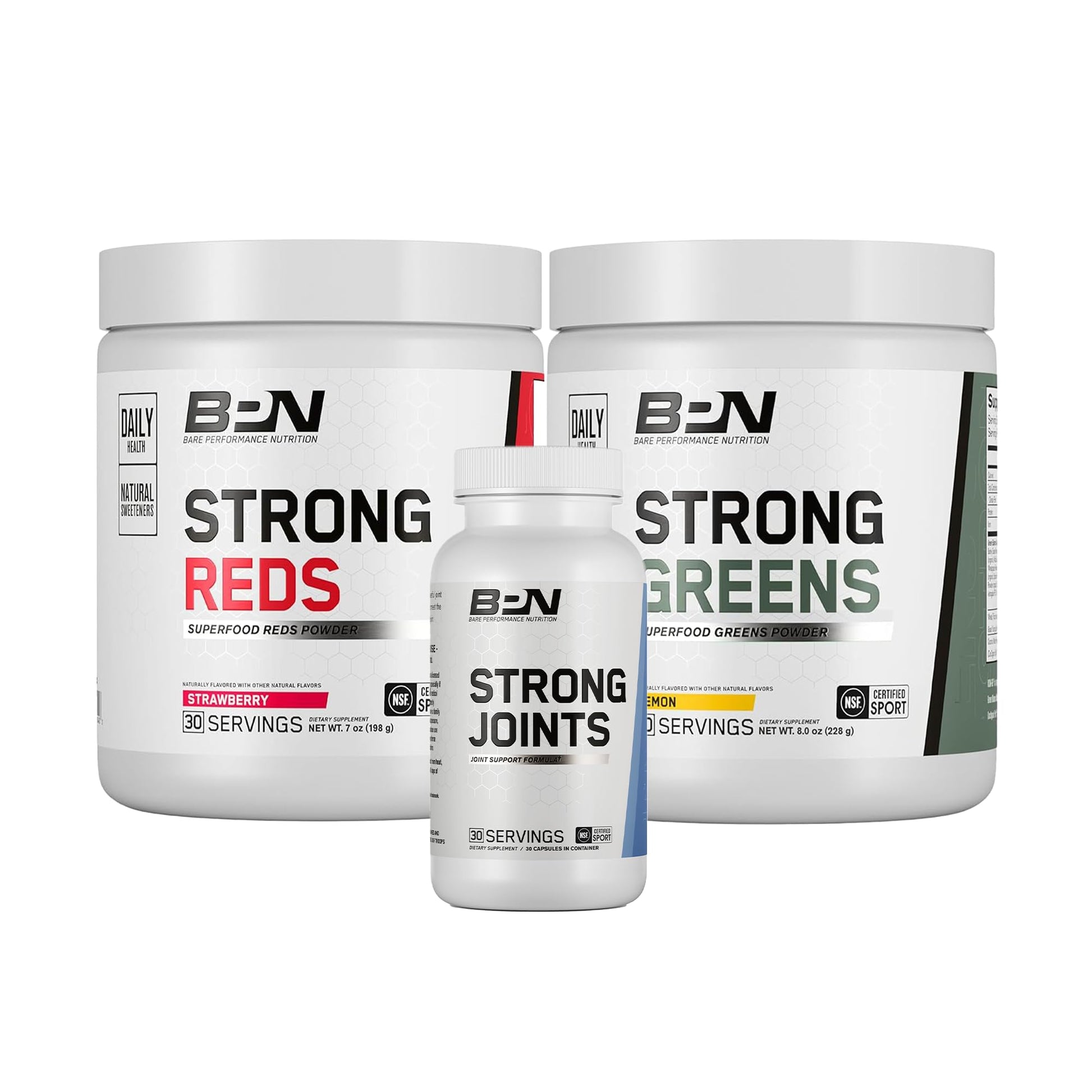 Three containers of BSN supplements labeled 'Strong Reds', 'Strong Greens', and 'Strong Joints' on a white background.