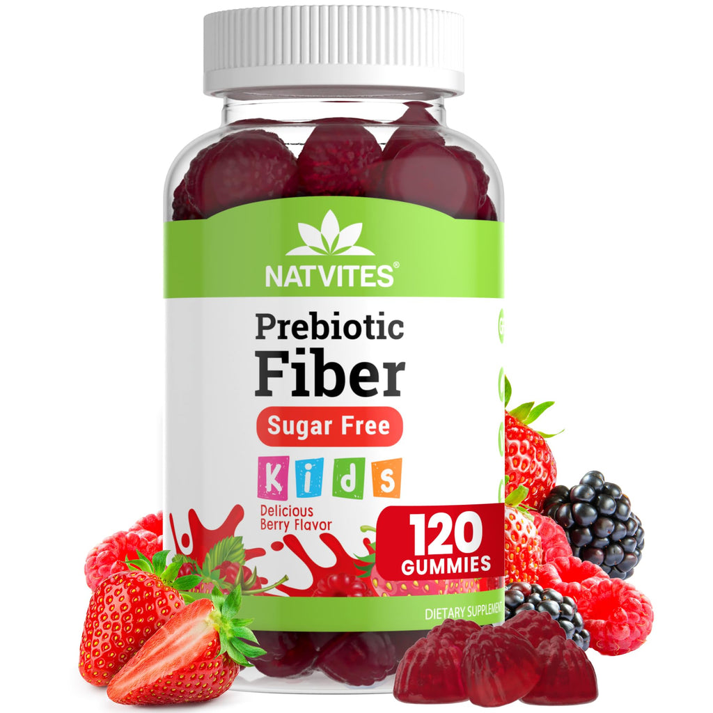 Natvites Prebiotic Kids Fiber Gummies, for Children Ages 2 & Up - Sugar Free Vegetarian Gelatin Free Non-GMO, Kids Fiber Supplements