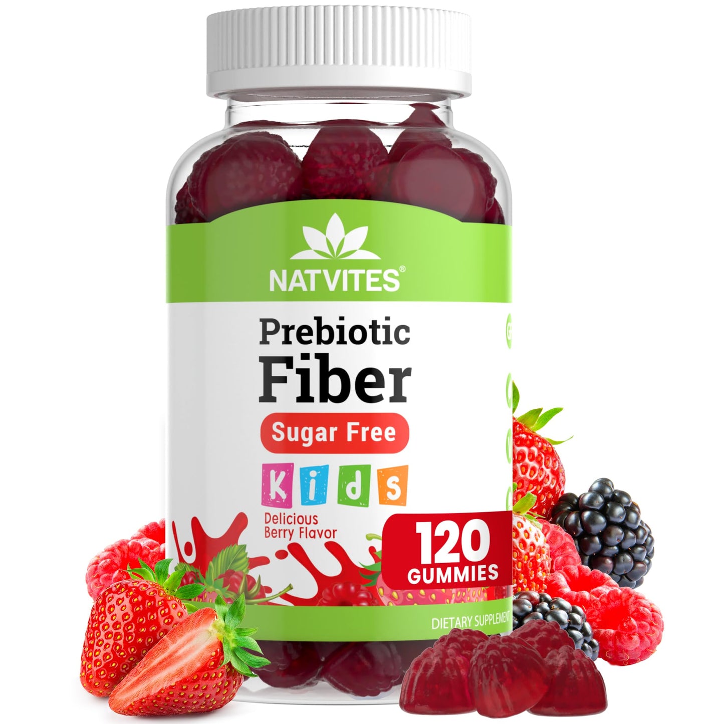 Natvites Prebiotic Kids Fiber Gummies, for Children Ages 2 & Up - Sugar Free Vegetarian Gelatin Free Non-GMO, Kids Fiber Supplements