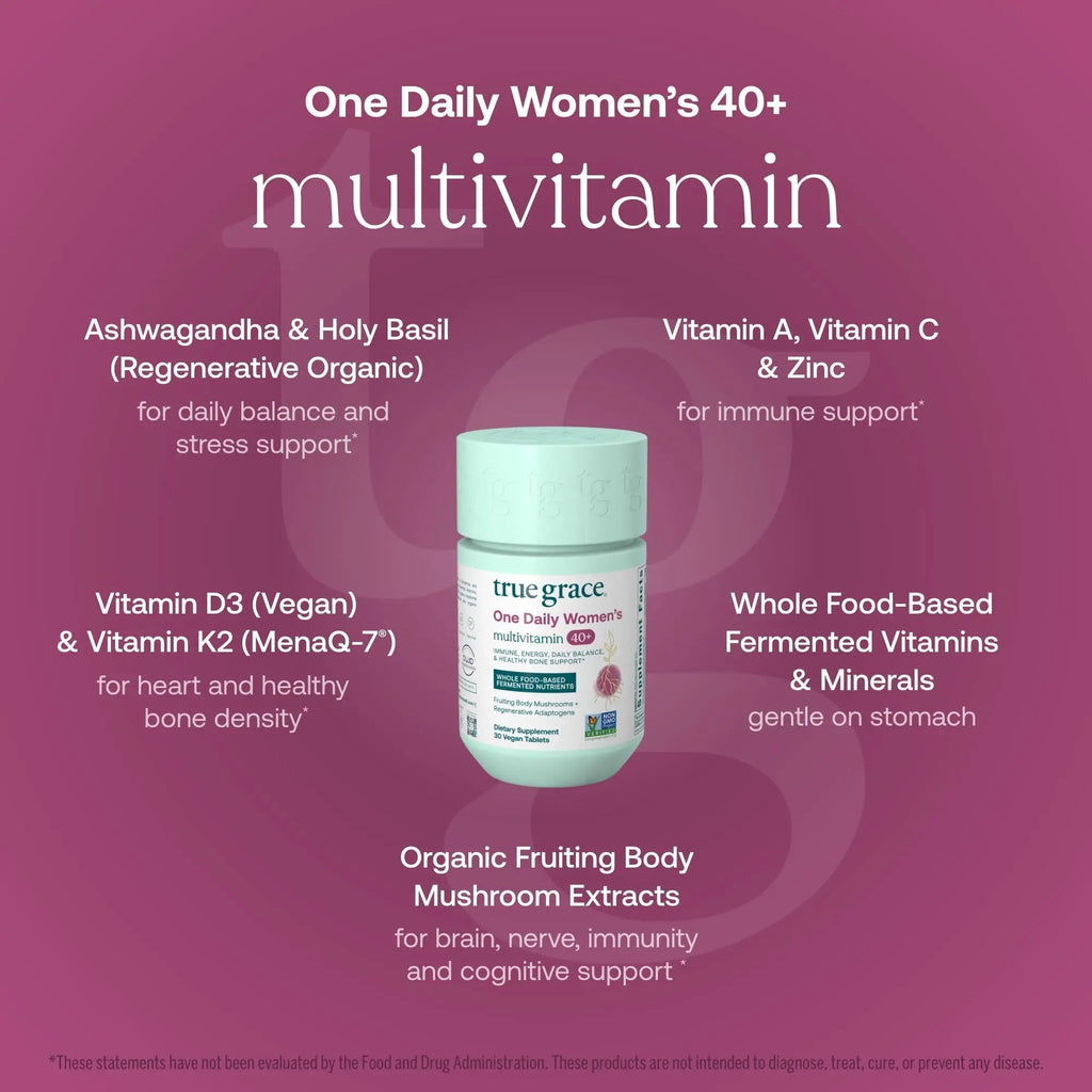 True Grace One Daily Women’s Multivitamin 40+ Fermented Minerals, Organic Adaptogens & Mushrooms Energy, Immune, Bone Support True Grace