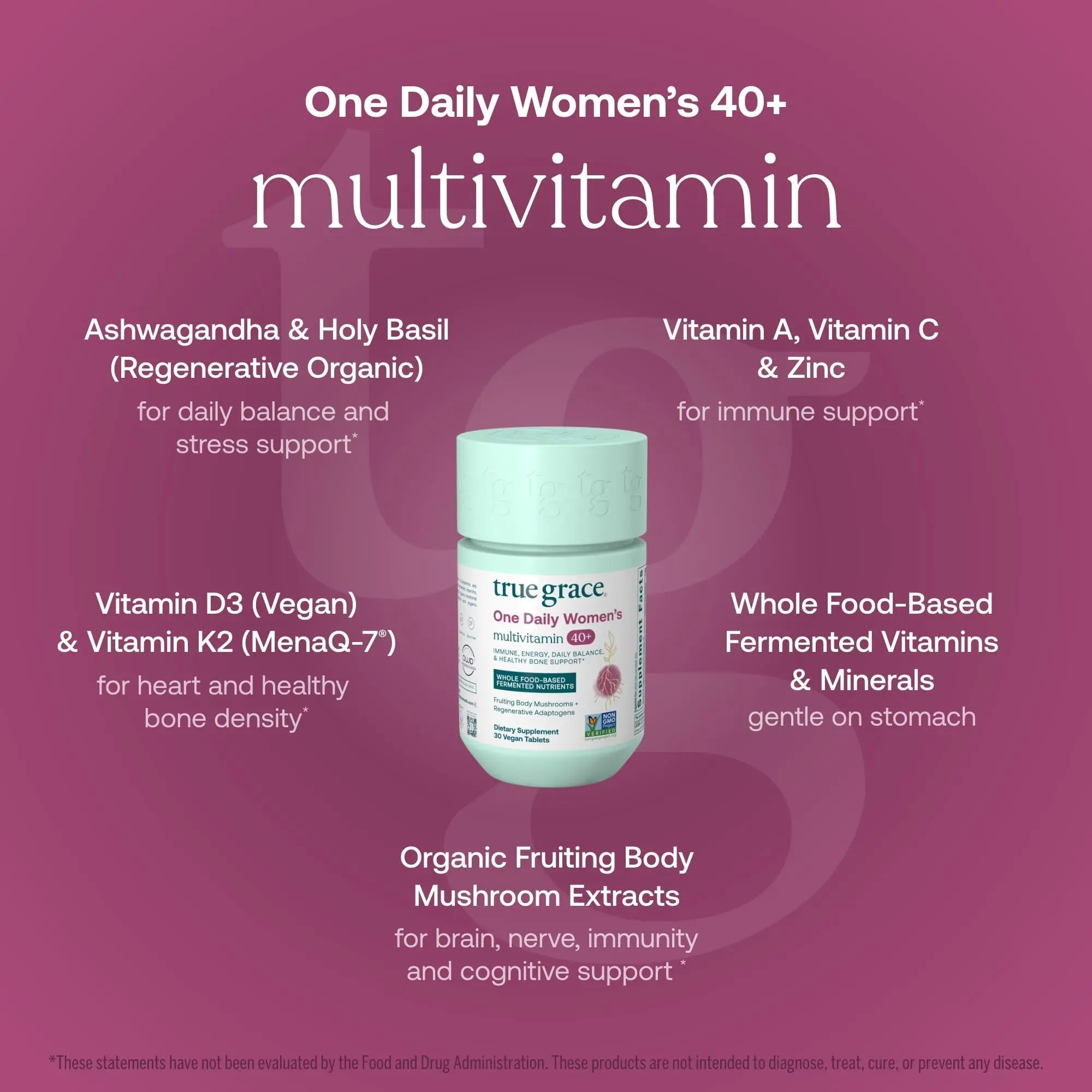 True Grace One Daily Women’s Multivitamin 40+ Fermented Minerals, Organic Adaptogens & Mushrooms Energy, Immune, Bone Support True Grace