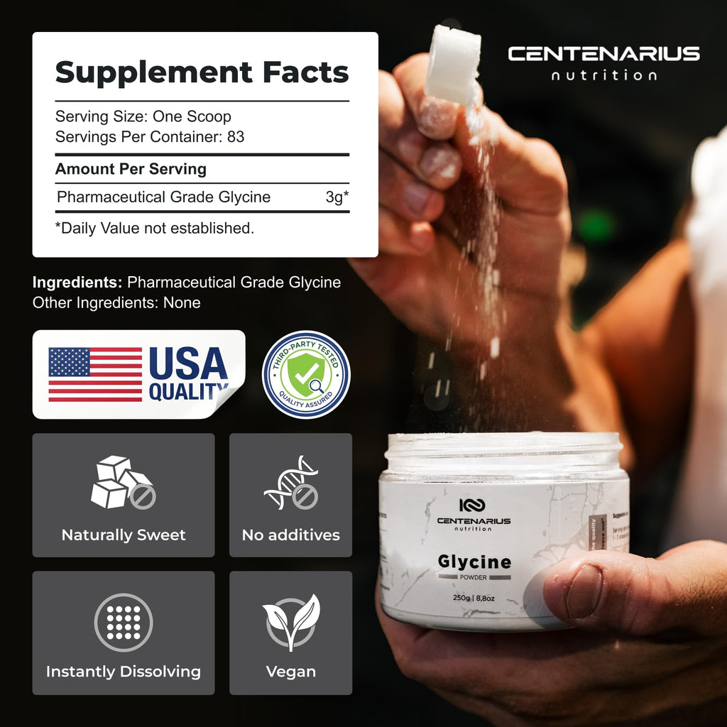 Premium Glycine Powder 250g | Amino Acids Supplement for Post Workout Muscle Recovery, Digestion, Sleep Aid + More - Vegan, Additive-Free