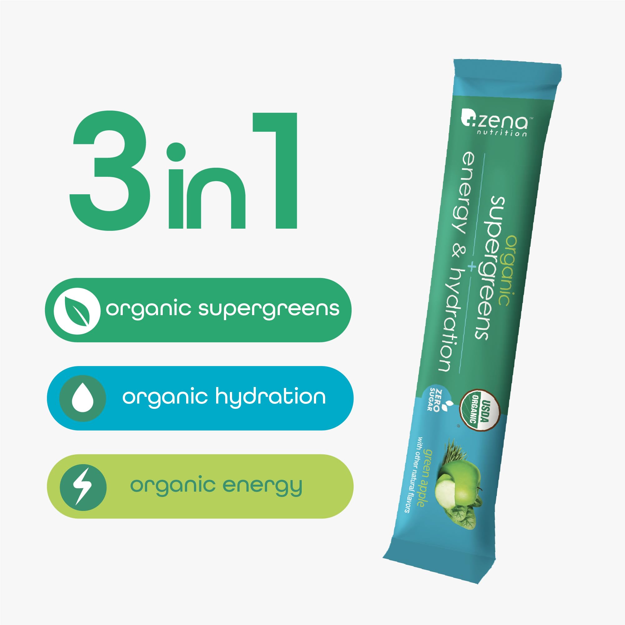 Zena Nutrition Organic Super Greens Energy & Hydration Powder, 70+ Superfoods, 0 Sugar, 5G Fiber, Spirulina, Chlorella, Prebiotics/Probiotics, Natural Caffeine + Electrolytes, 40 Drink Mix Packets Zena NutritionBuy Supplements Australia