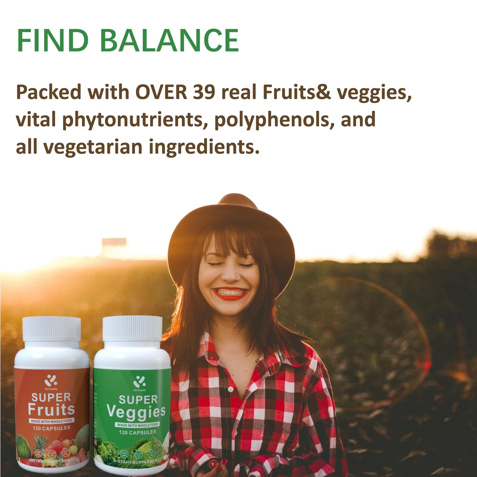 Lite Supply Fruits and Veggies Supplement 240 Caps - 120 Fruit and 120 Veggie Capsules - Whole Food & Natural Superfood Filled with Vitamins & Minerals for Women, Men Supports Energy Levels Lite SupplyBuy Supplements Australia