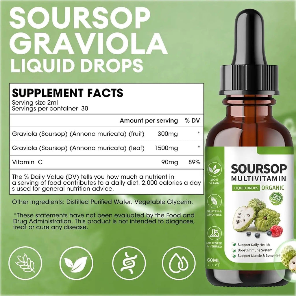 Soursop Bitters Liquid 2 Fl Oz, Soursop Graviola Leaf Extract Liquid Drop, Soursop Multivitamin Liquid Drops Organic for Cell Support, Immune System, Relax bogomo