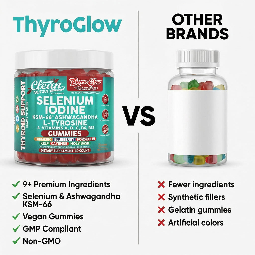 ThyroGlow Thyroid Support Gummies Selenium Iodine KSM 66 Ashwagandha L Tyrosine Vitamin D, C, B12, B6 Turmeric Blueberry Holy