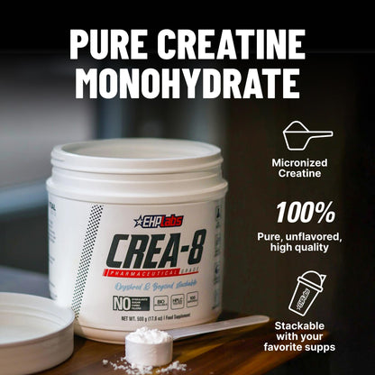EHP Labs CREA-8 Micronized Creatine Monohydrate Powder - Unflavored Creatine Powder for Muscle Growth, Increased Strength, Enhanced Energy Output