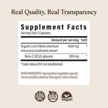 Real Mushrooms Lions Mane Mushroom Cognition (120 Capsules) Lions Mane Mushroom Powder Extract Capsules