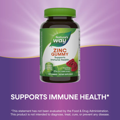 Nature's Way Zinc Gummies, Adult & Kids 9+ Immune Support Gummies*, 100% Daily Value per Serving, Mixed Berry Flavor, 120 Chews