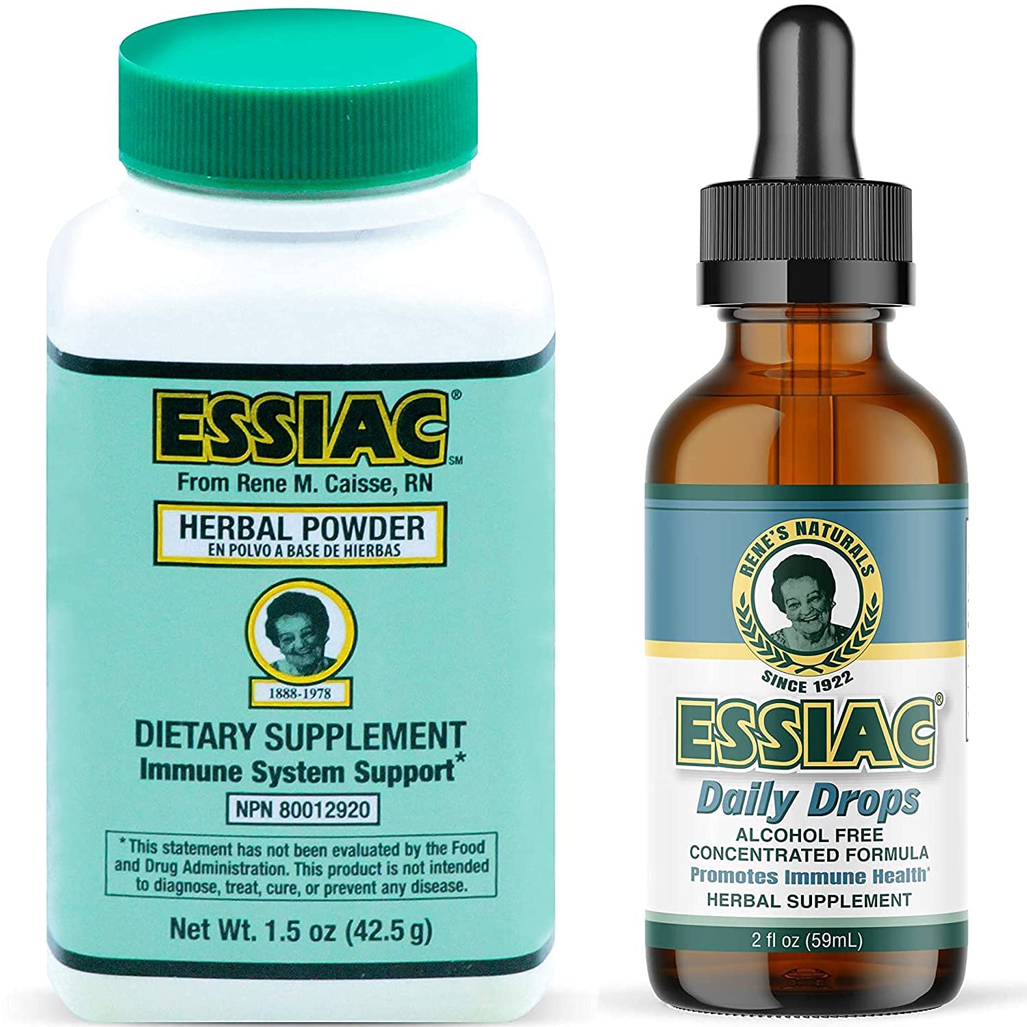 Essiac herbal powder and daily drops bottles on a white background