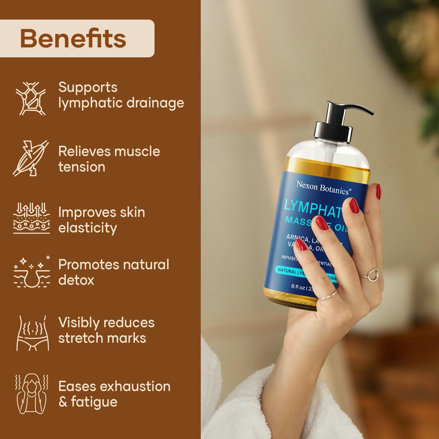 Lymphatic Drainage Massage Oil for Massage Therapy 8 fl oz - Refreshing and Relaxing - Natural Oils with Arnica, Vanilla and Lavender Oil - for Men and Women - Nexon Botanics Nexon Botanics buy supplements Au