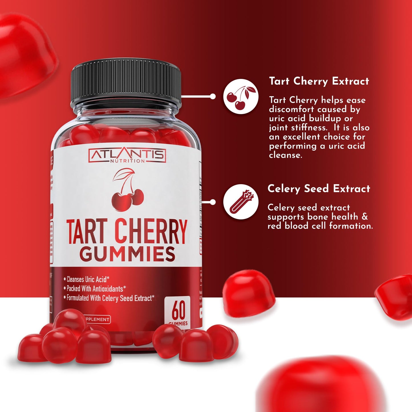 Atlantis Nutrition Tart Cherry Gummies with Celery Seed Extract - Advanced Uric Acid Cleanse for Immediate Relief | Joint Relief & Recovery