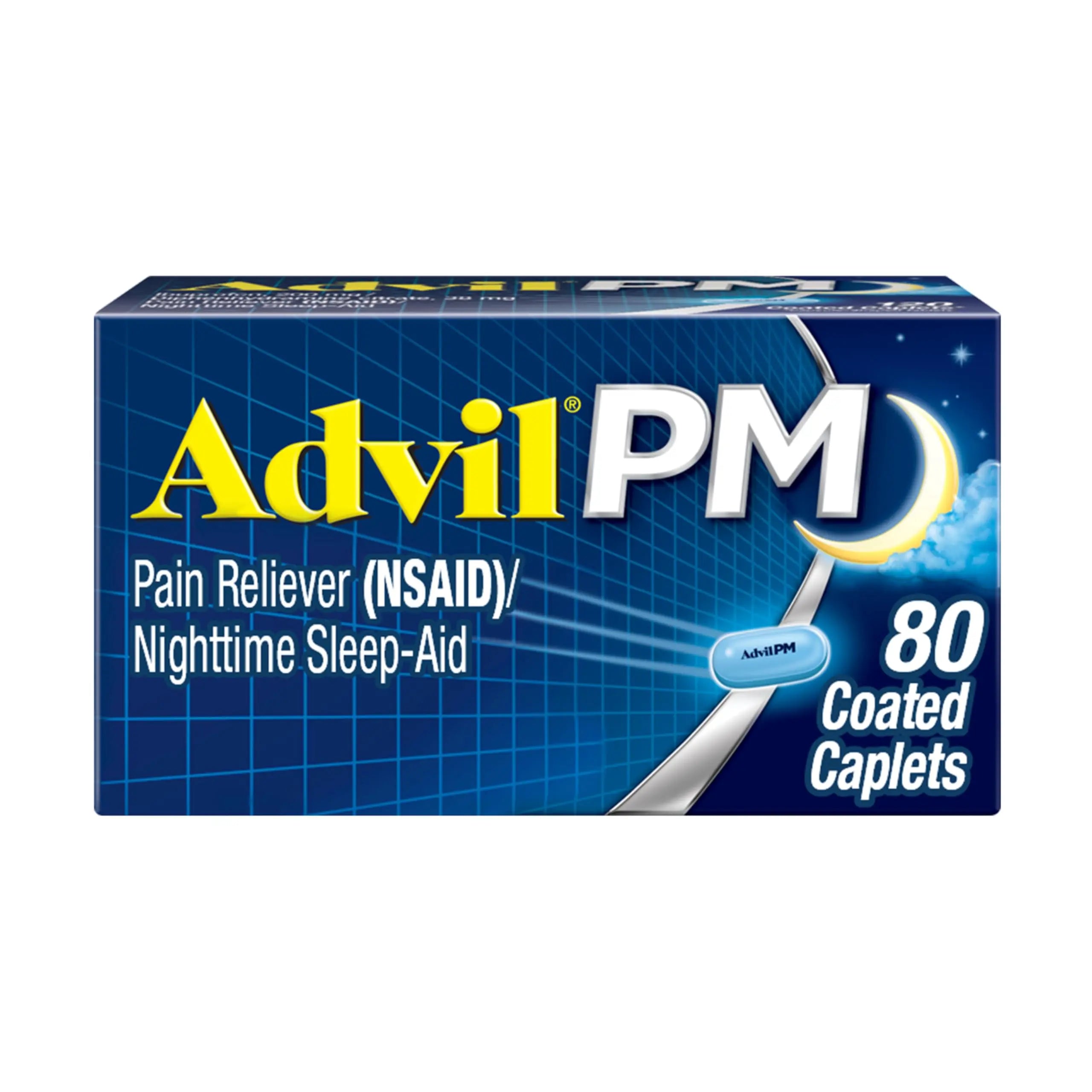 Advil PM Pain Reliever and Nighttime Sleep Aid, Pain Medicine with Ibuprofen for Pain Relief and Diphenhydramine Citrate for a Sleep Aid - 80 Coated Caplets AdvilBuy Supplements Australia
