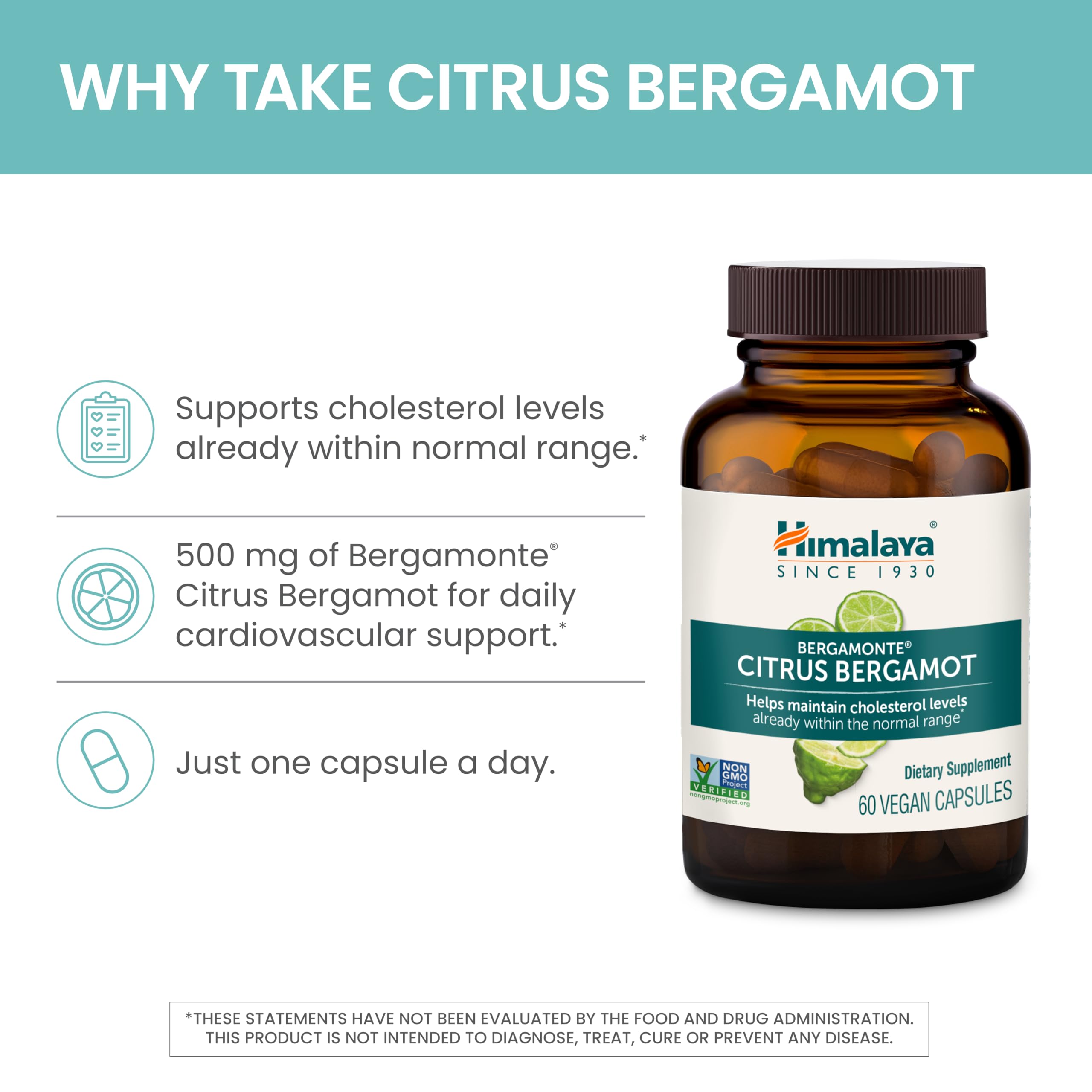 Himalaya Citrus Bergamot, Herbal Supplement for Daily Wellness, Vegan, Gluten Free, 500 mg Bergamonte® Extract, 60 Capsules