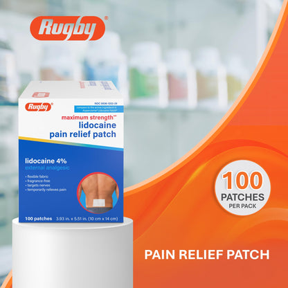 Rugby Maximum Strength 4% Lidocaine Pain Relief Patch- External Analgesic - Flexible Fabric, Fragrance-Free - Temporarily Relieves Pain - 100 Patches (10 cm x 14 cm Each) RUGBY LABORATORIESBuy Supplements Australia