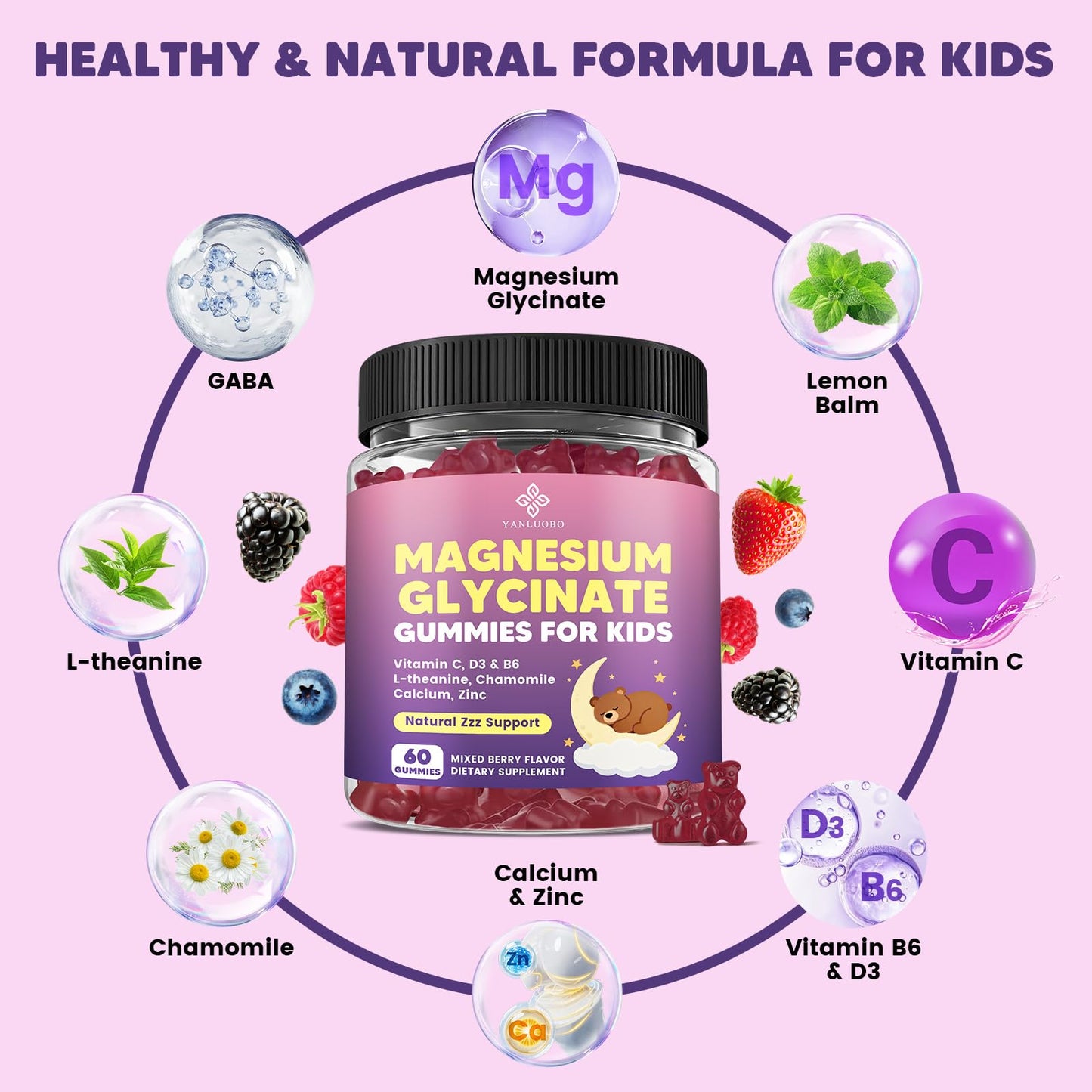 YANLUOBO Kids Magnesium Gummies, Magnesium Glycinate Gummies 400mg/200mg with L-Theanine, Chamomile, Vitamin B6, D3 for Kids, Relaxation & Zzz Support, Nerve Bone - Sugar Free Mixed Berry Flavor 60ct YANLUOBOBuy Supplements Australia