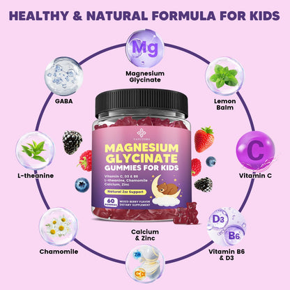 YANLUOBO Kids Magnesium Gummies, Magnesium Glycinate Gummies 400mg/200mg with L-Theanine, Chamomile, Vitamin B6, D3 for Kids, Relaxation & Zzz Support, Nerve Bone - Sugar Free Mixed Berry Flavor 60ct YANLUOBOBuy Supplements Australia