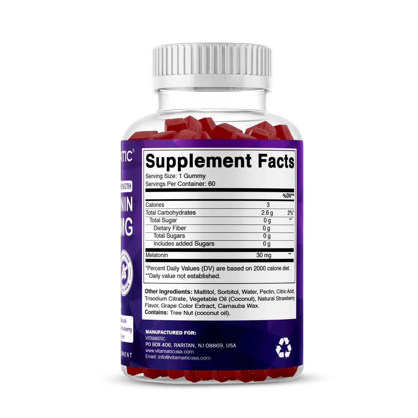 Vitamatic Sugar Free Melatonin 30mg per Gummy - 60 Servings - 60 Vegetarian Gummies - Non-Habit Forming Supplement (60 Count (Pack of 1))