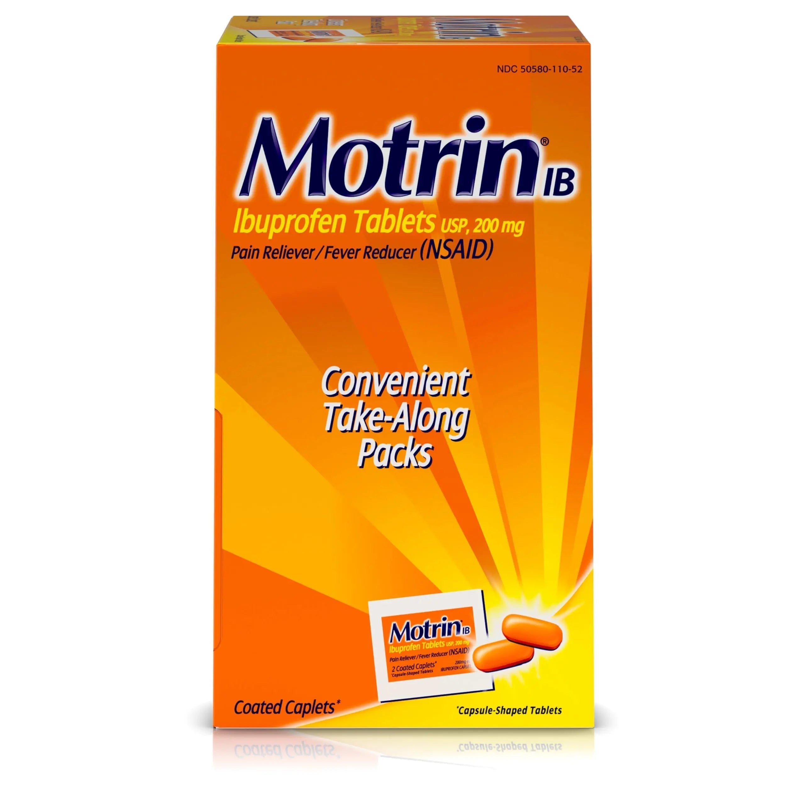 Motrin IB, Ibuprofen 200mg Tablets, NSAID Pain & Fever Reliever for Headache, Backache, Muscular Aches, Arthritis Pain Reliever, 50 Travel Packets of 2, 100 ct MotrinBuy Supplements Australia