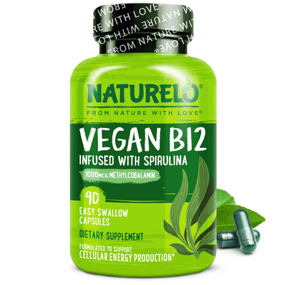 NATURELO Vegan B12 - Methyl B12 with Organic Spirulina - High Potency Vitamin B12 1000 mcg Methylcobalamin - Supports Healthy Mood