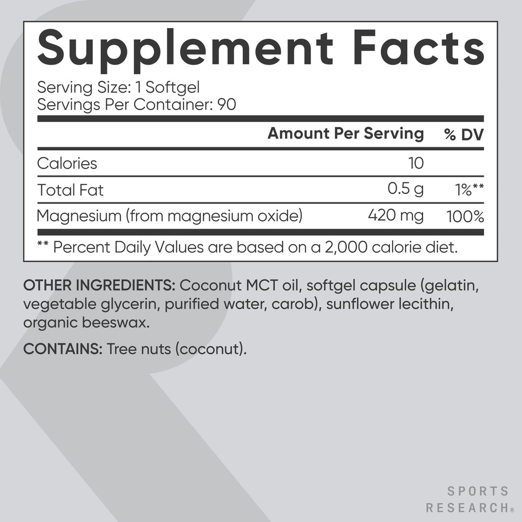 Sports Research® Magnesium Oxide 420mg with Coconut MCT Oil - Magnesium Supplement for Muscle, Nerve, and Bone Support* - Gluten-Free, Non-GMO - 90 Softgels Sports Research buy supplements Au