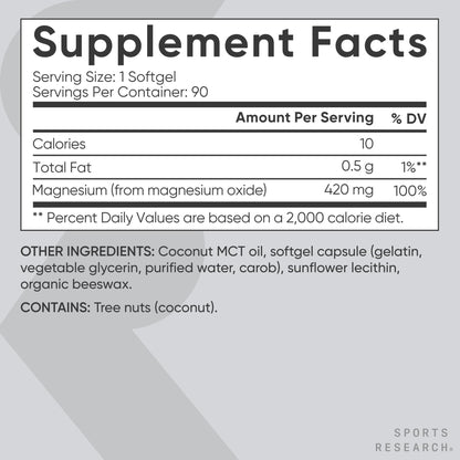 Sports Research® Magnesium Oxide 420mg with Coconut MCT Oil - Magnesium Supplement for Muscle, Nerve, and Bone Support* - Gluten-Free, Non-GMO - 90 Softgels Sports Research buy supplements Au