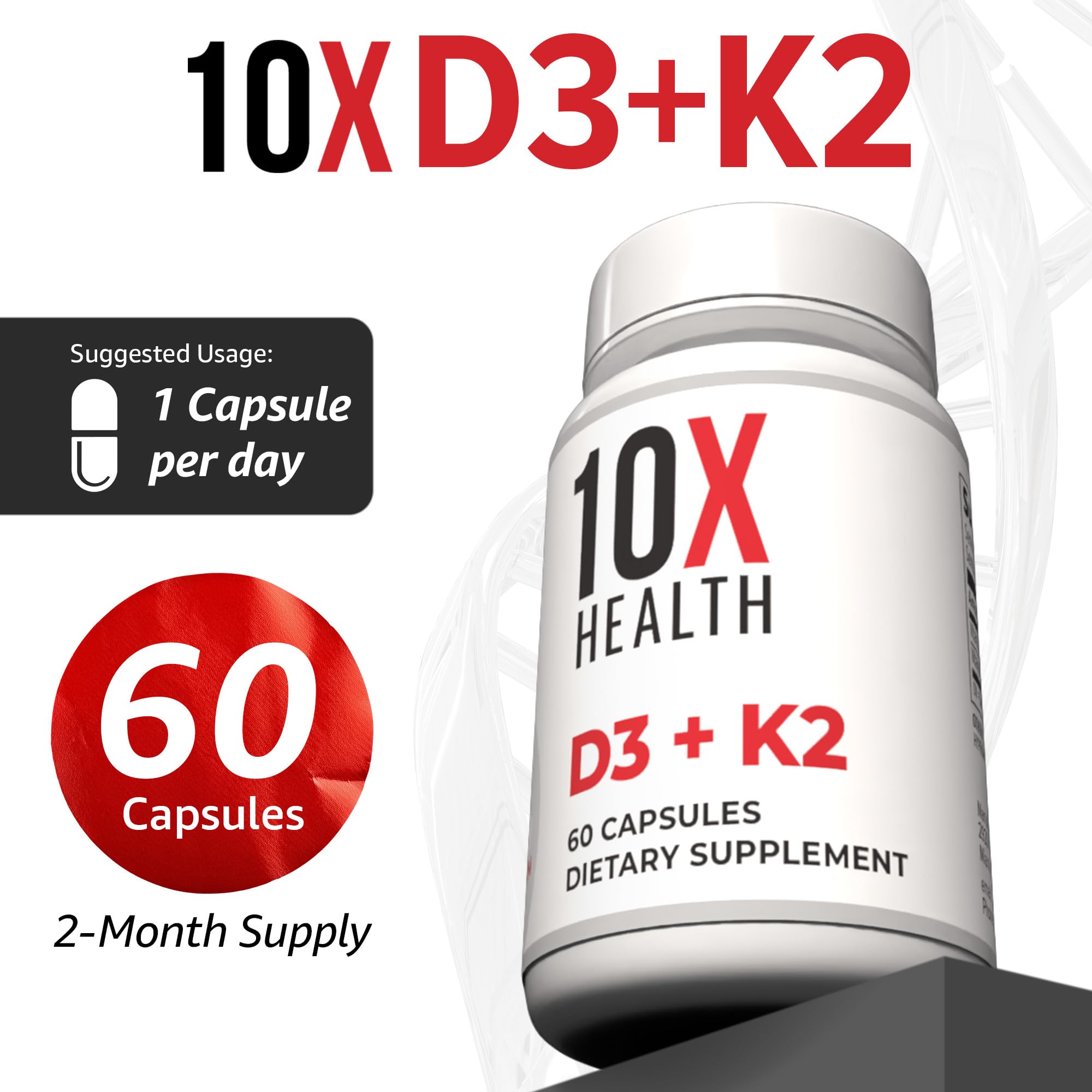 10X Health Vitamin D3 5000 IU & K2 MK7 - Menaquinone 7, High-Potency D3 K2 Vitamin Supplement for Bone Health, Heart and Teeth - 125 mcg Vitamin D & 90 mcg Vitamin K2-60 Capsules 10X Health System buy supplements Au