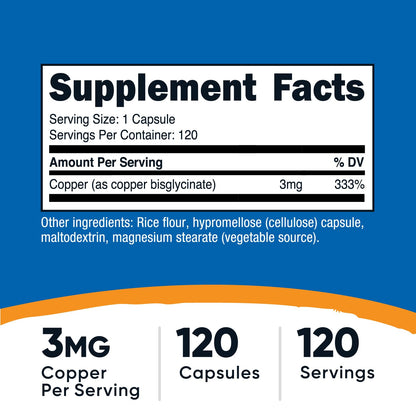 Nutricost Copper Glycinate Capsules (120 Capsules, 3MG Copper per Serving) - Non GMO, Vegan