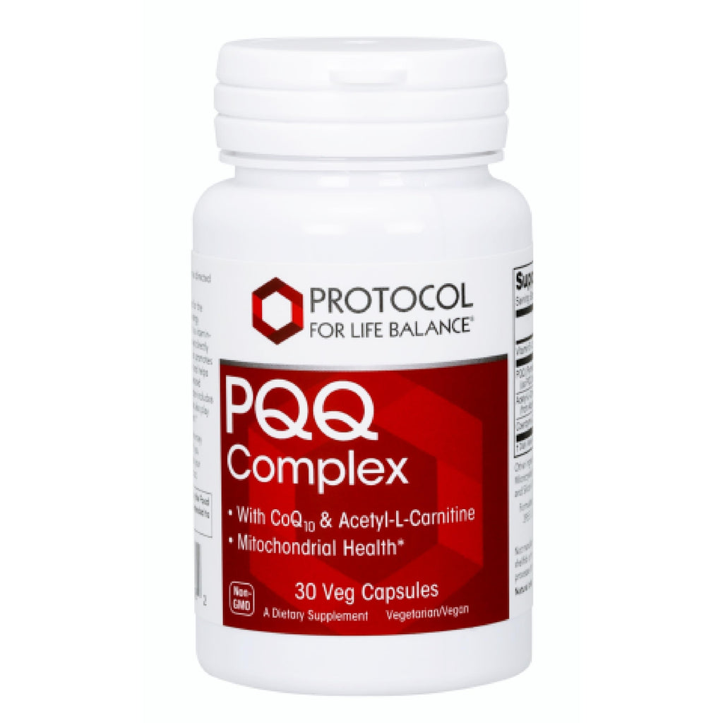 Supplement bottle labeled 'PQQ Complex' by Protocol for Life Balance on a white background