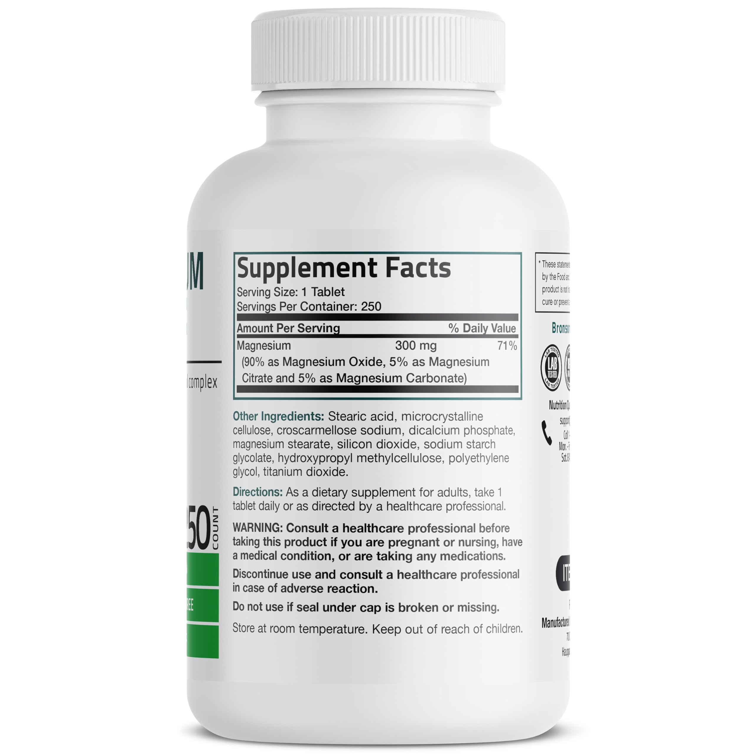 Bronson Triple Magnesium Complex Maximum Coverage 300mg - Non-GMO Formula, 250 Tablets Bronson buy supplements Au