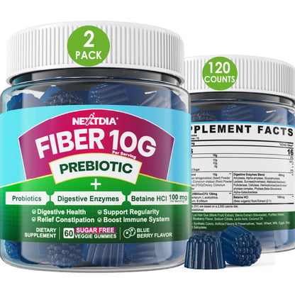 Fiber Gummies for Adults, Sugar Free 10g Prebiotic Fiber Supplement with Digestive Enzymes, Probiotics & 100mg Betaine for Digestive & Gut Health