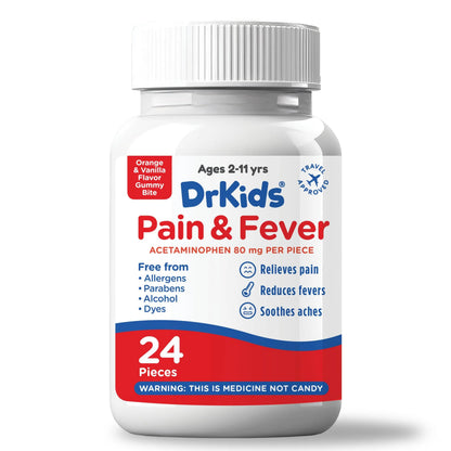 Dr. Kids Children’s Pain and Fever Gummy Bite - Chewable Acetaminophen for Kids Ages 2-11, Pre-Measured Soft Chews for Headache, Sore Throat, Cold and Flu, Orange Vanilla Flavor, 24 Count Dr. KidsBuy Supplements Australia