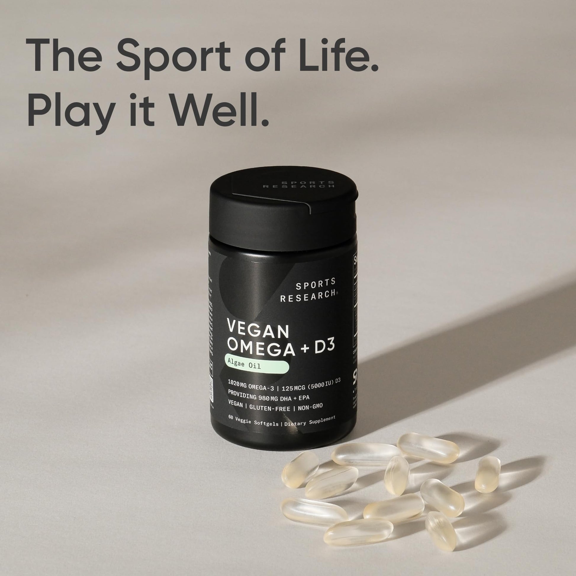 Sports Research Vegan Omega-3 with Vitamin D3 Softgels - 1020mg Omega-3 & 5000iu D3 Supplement - Fish Oil Alternative with Vitamin D Plant-Based Support from Algae Oil - 60 Veggie Softgels for Adults Sports Research buy supplements Au