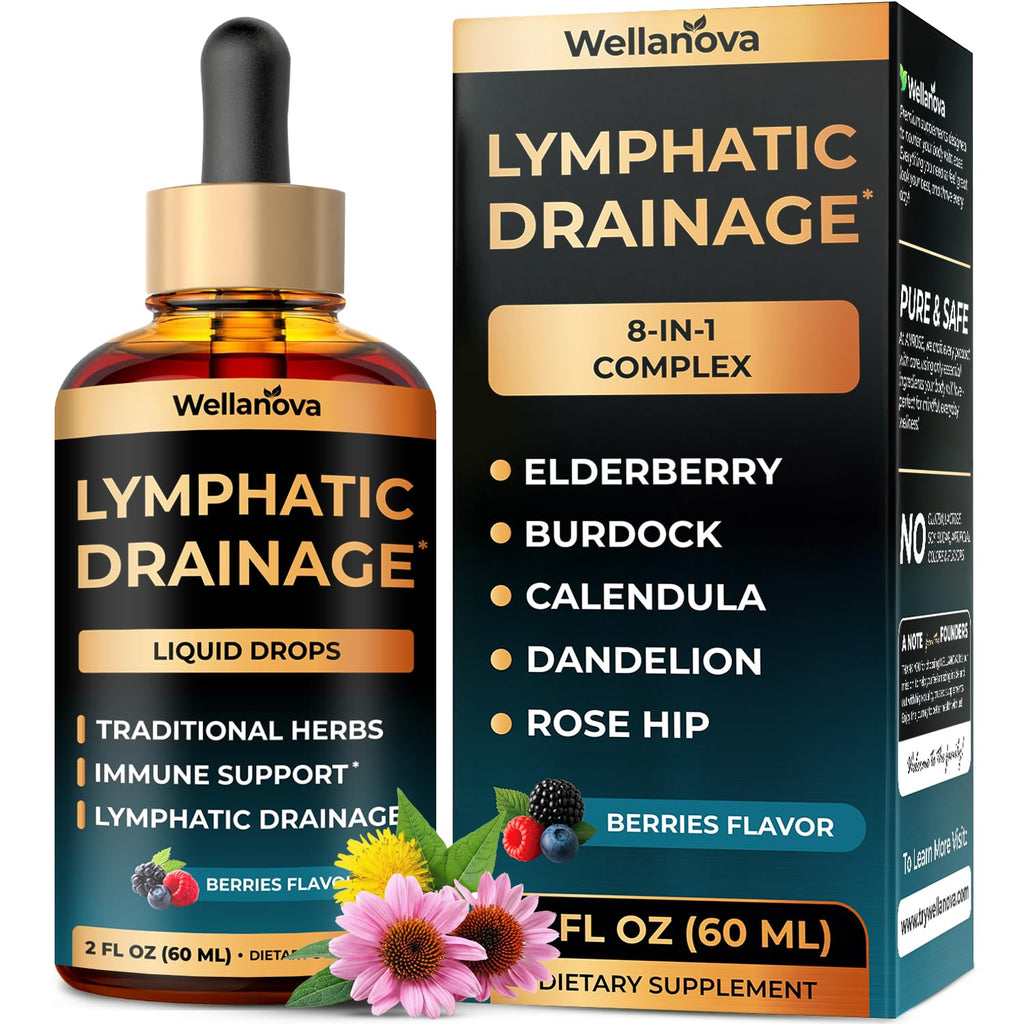 Wellanova Lymphatic Drainage Supplement - Organic Liquid Drops for Lymphatic Support & Detox - 8-in-1 Herbal Blend - Lymphatic Cleanse Complex with Burdock, Dandelion, Elderberry - 2 fl oz Wellanova buy supplements Au