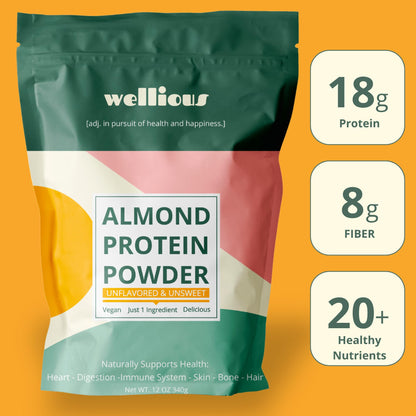 wellious Almond Protein Powder (Unflavored, Unsweetened) - 18 Grams of Pure Healthiest Vegan Protein for Women & Men | Soy-Free & Gut Friendly Protein