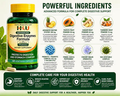 H4U Advanced Digestive Enzymes with Probiotics & Prebiotics – Multi Enzyme Supplement for Gut Health, Digestion Support, Bloating Relief & Stomach Comfort,