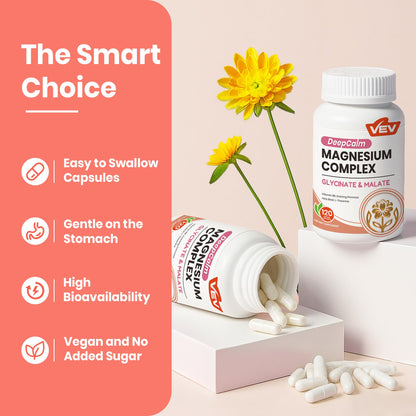 VEV Deep Calm Magnesium Complex for Women – Glycinate, Malate, B6, L-Theanine & Holy Basil – Support for Daily Magnesium & Stress Relief – 120 Vegan Capsules VEV buy supplements Au