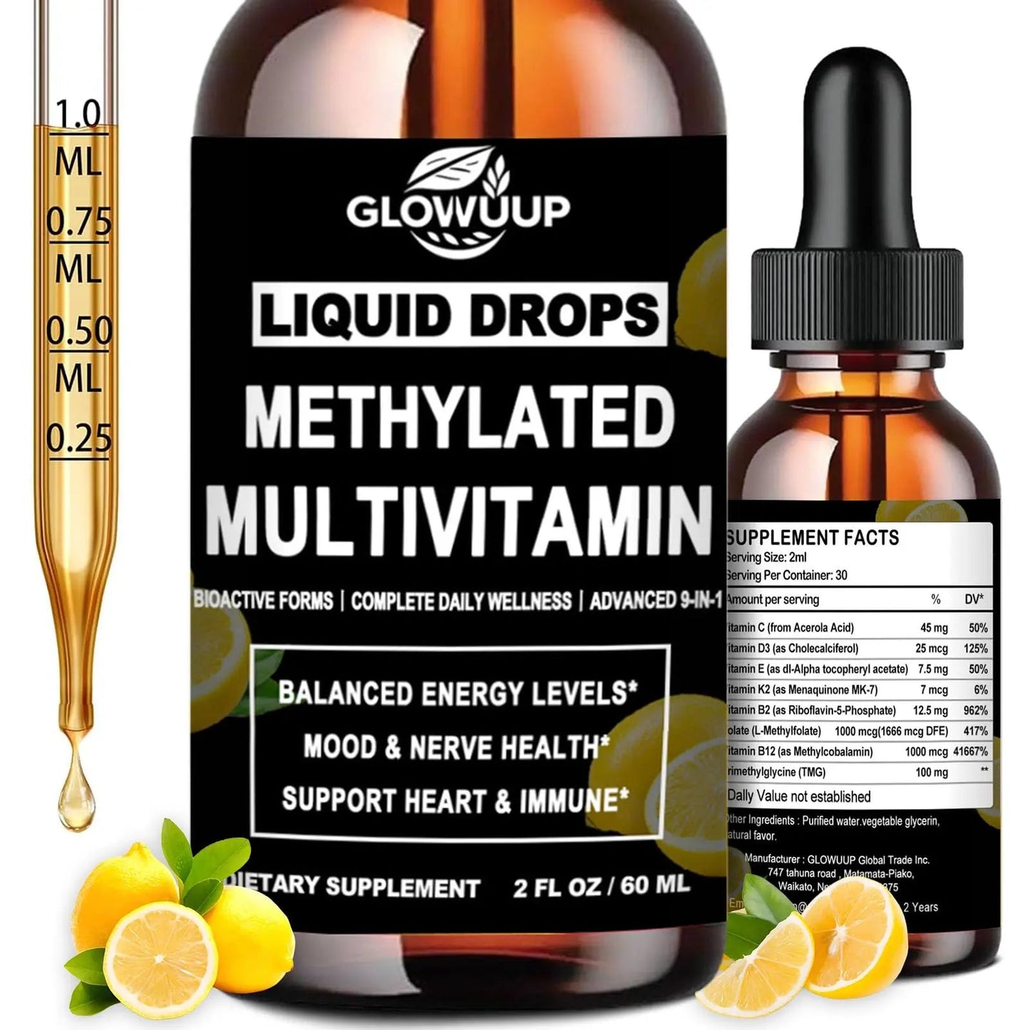 Multivitamin for Women & Men, Methylated Multivitamins & Multiminerals liquid Drops with Methylfolate B12 B2 Vitamin C E D3 K2 GLOVVUUP