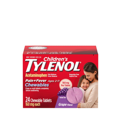 Children's Tylenol Chewables with 160 mg Acetaminophen, Pain Reliever & Fever Reducer for Kids' Cold + Flu Symptoms, Headache, Sore Throat & Toothache, Aspirin-Free, Grape Flavor, 24 ct TylenolBuy Supplements Australia