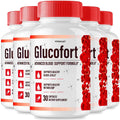 Multiple bottles of Glucofort supplement with red and white labels on a white background