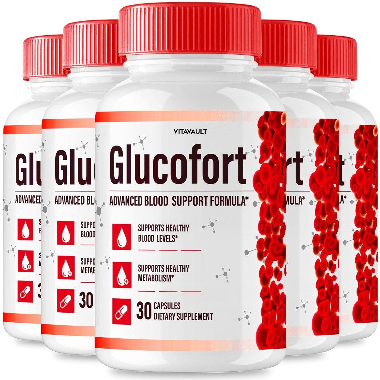 Multiple bottles of Glucofort supplement with red and white labels on a white background
