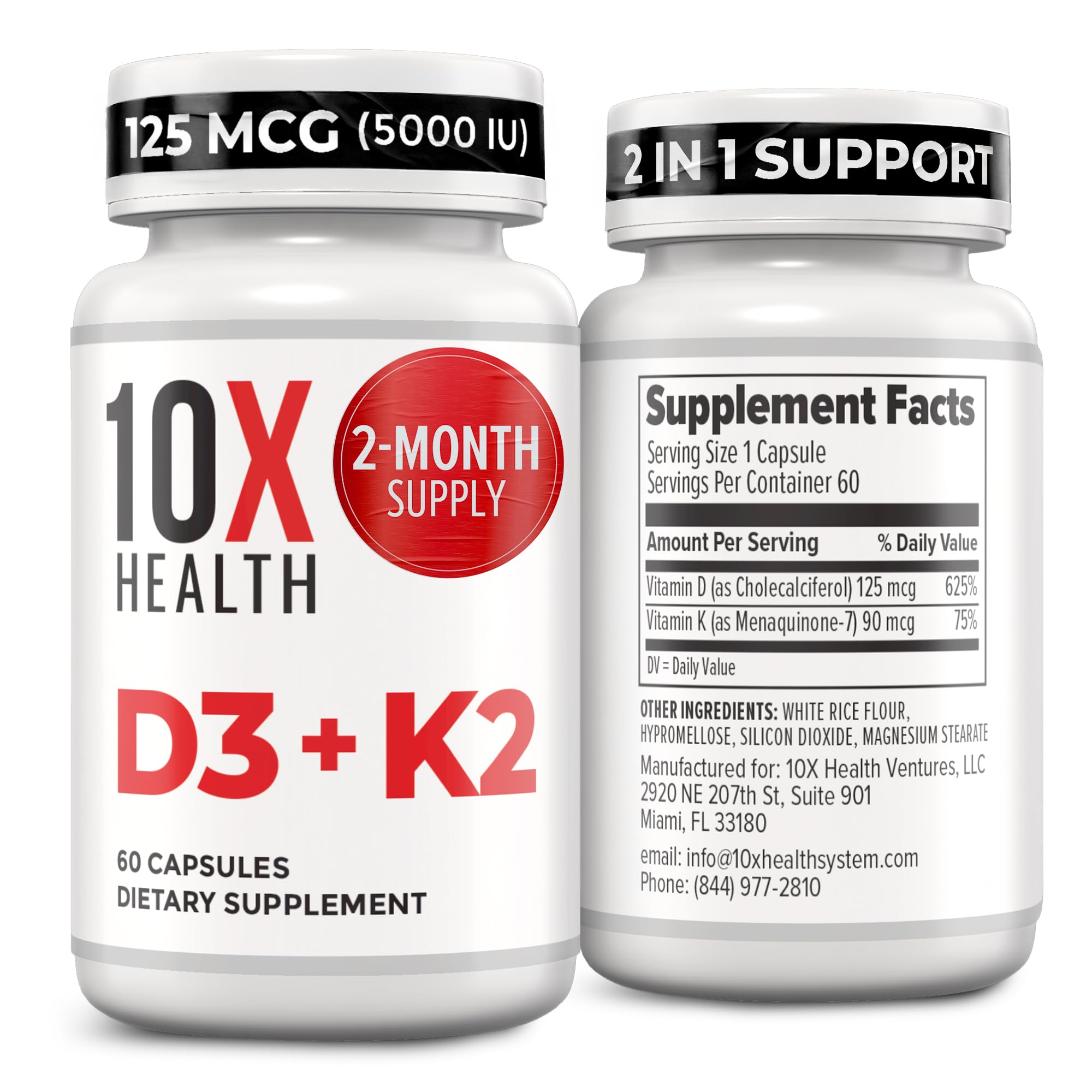 10X Health Vitamin D3 5000 IU & K2 MK7 - Menaquinone 7, High-Potency D3 K2 Vitamin Supplement for Bone Health, Heart and Teeth - 125 mcg Vitamin D & 90 mcg Vitamin K2-60 Capsules 10X Health System buy supplements Au