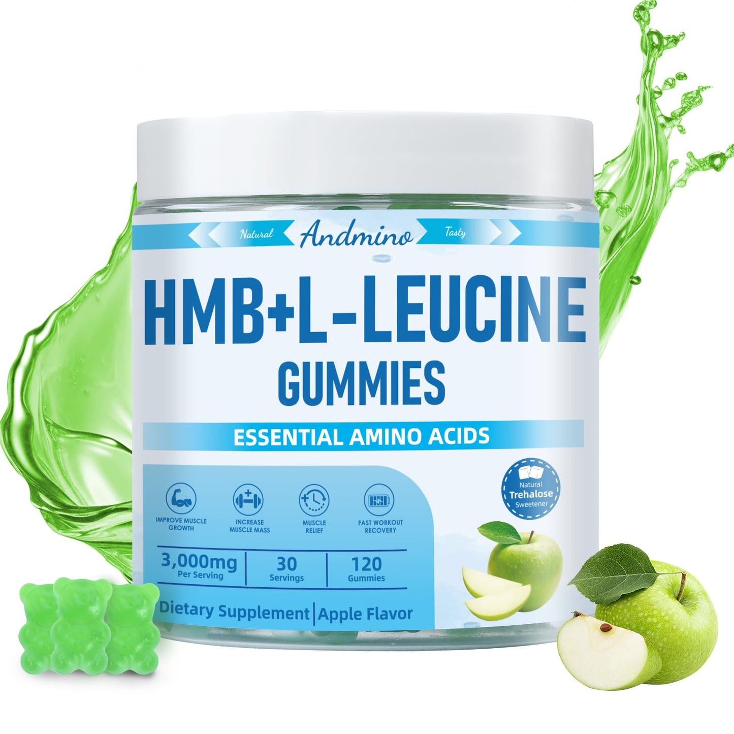 andmino HMB and L-Leucine Gummies, 3000mg, with Trehalose, for Muscle Growth, Muscle Relief and Workout Recovery, for Adults & Elder, Non-GMO