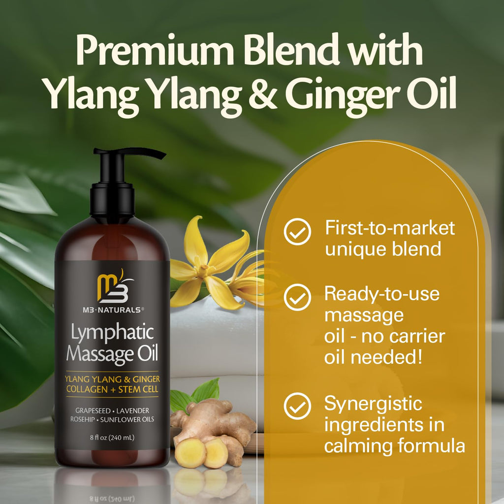 Lymphatic Massage Oil for Massage Therapy - Lymphatic Drainage Oil for Body Care Circulation & Detox Support with Ylang Ylang, Ginger, Lavender, Grapeseed, Vitamin E & Stem Cell (8 Fl Oz) by M3 M3 Naturals buy supplements Au