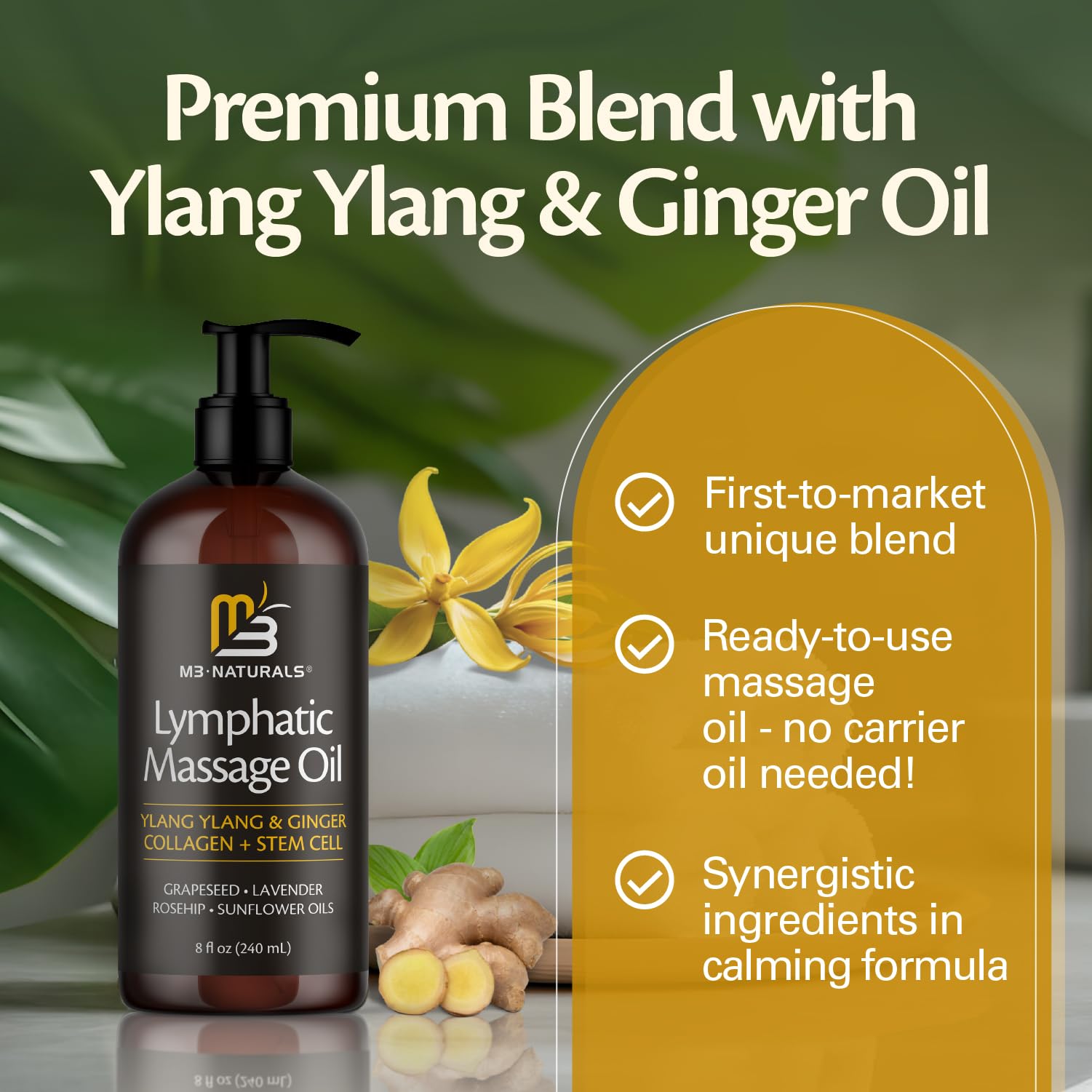 Lymphatic Massage Oil for Massage Therapy - Lymphatic Drainage Oil for Body Care Circulation & Detox Support with Ylang Ylang, Ginger, Lavender, Grapeseed, Vitamin E & Stem Cell (8 Fl Oz) by M3 M3 Naturals buy supplements Au