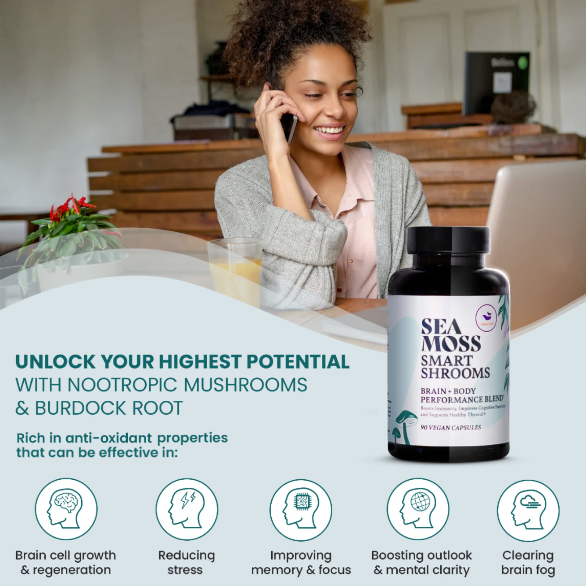 HAPPY FOX Irish Sea Moss Capsules & Mushroom Complex - Organic Seamoss with Adaptogens for Brain Health, 1500mg, 90 Vegan Capsules, Organic Mushroom Supplement HAPPY FOXBuy Supplements Australia