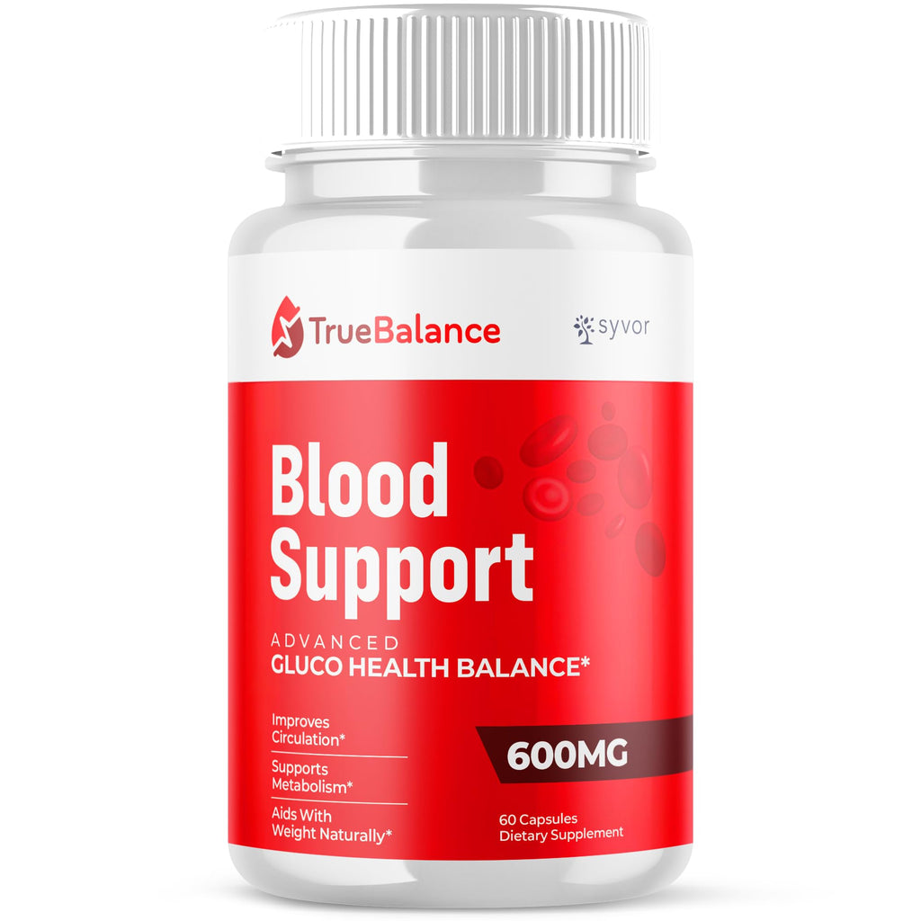 Supplement bottle labeled 'Blood Support' with TrueBalance branding on a white background