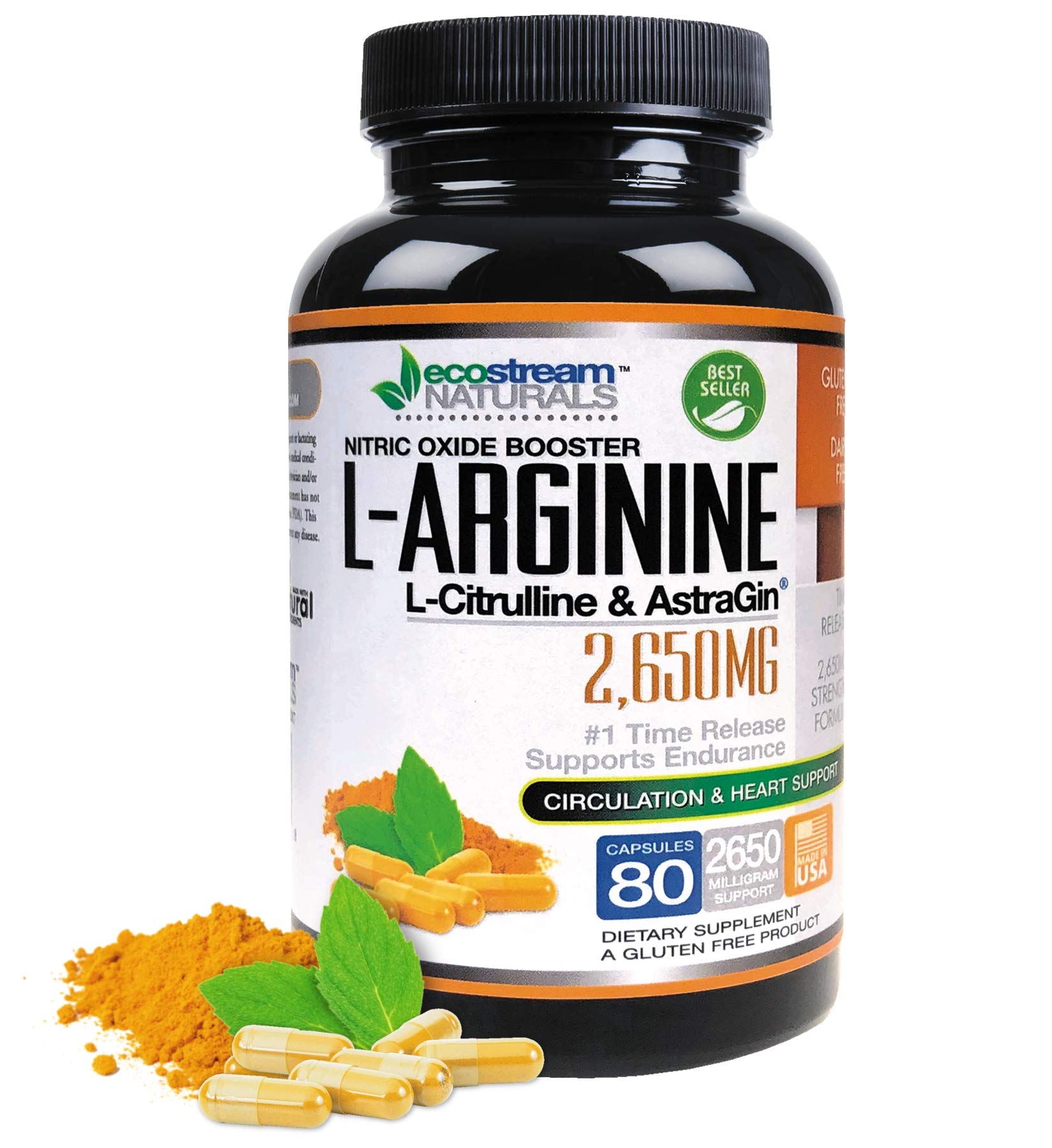 EcoStream Naturals L-Arginine supplement bottle with capsules and ingredients on a white background